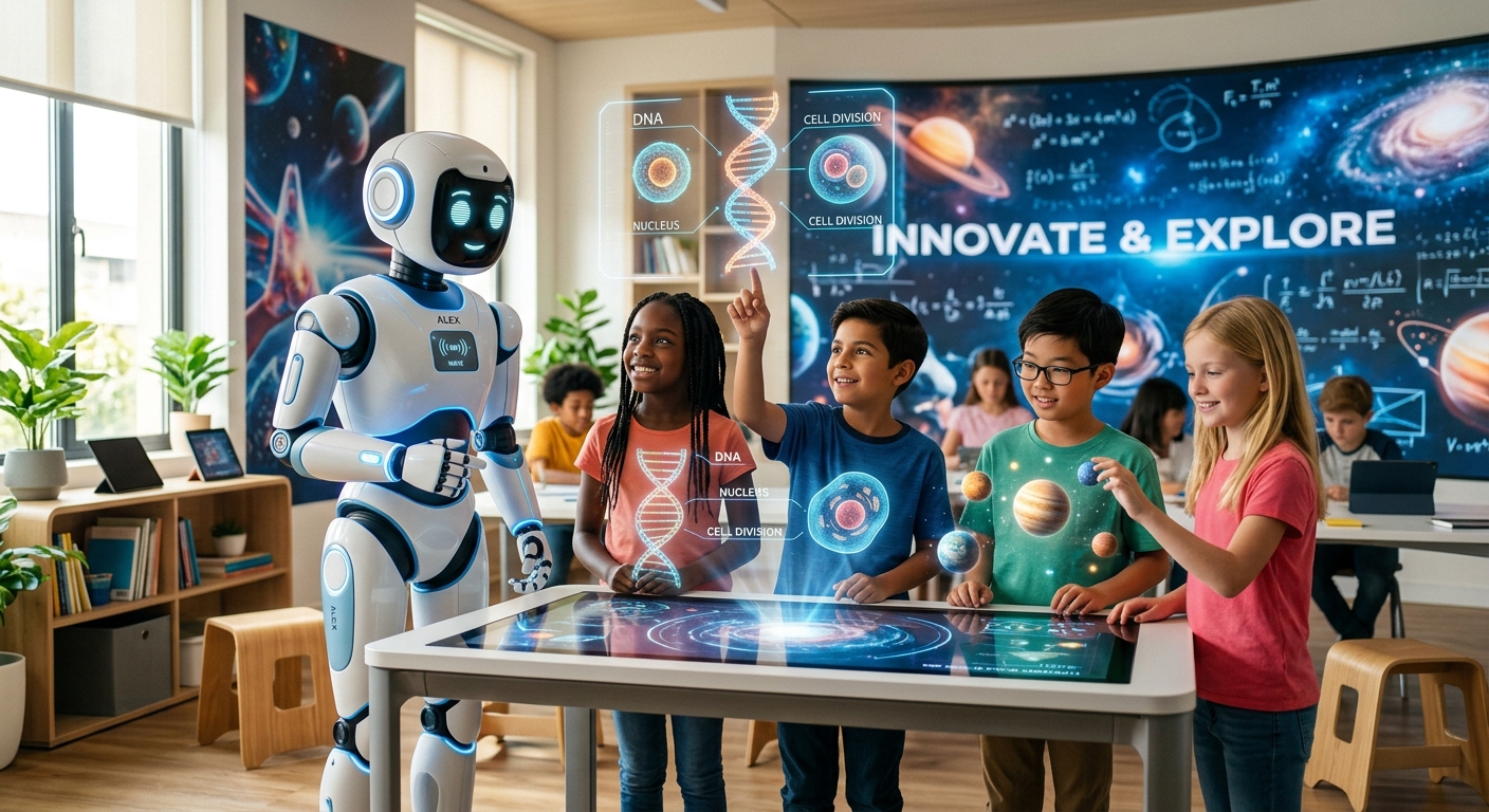 Ilustrasi Robot AI membantu anak-anak belajar di dalam kelas modern masa depan