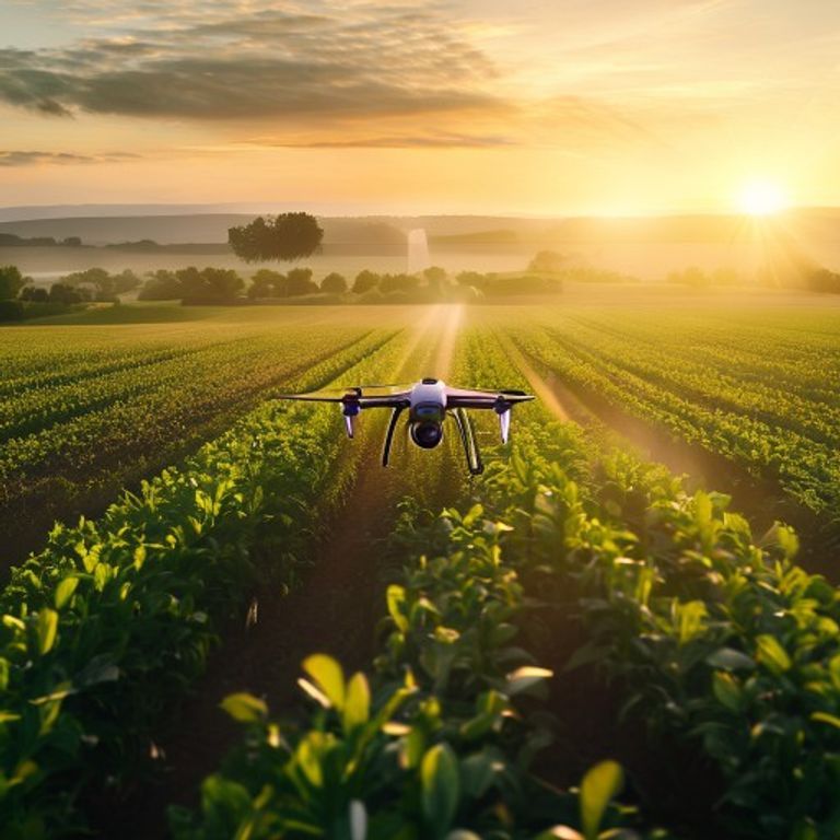 Smart agriculture drone flying over a green farm field at sunrise